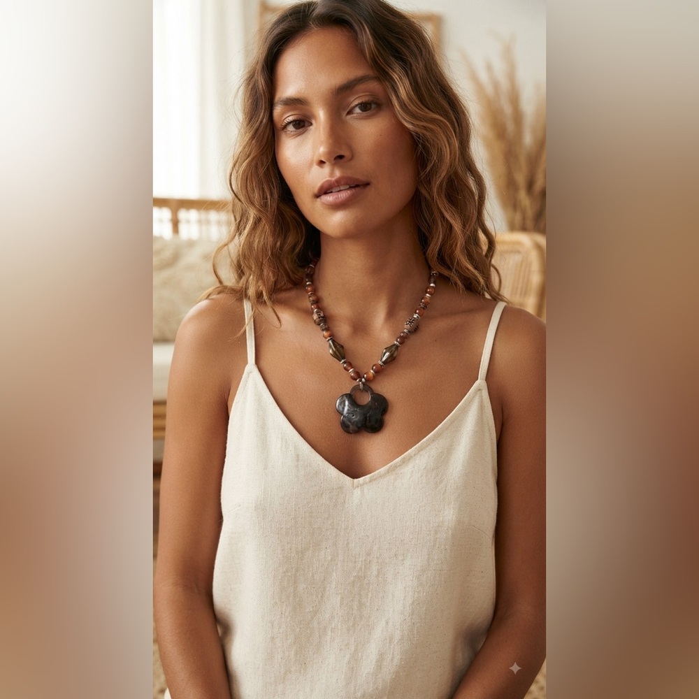 Handcrafted adjustable Brown and silver plastic Beaded Necklace with Pendant